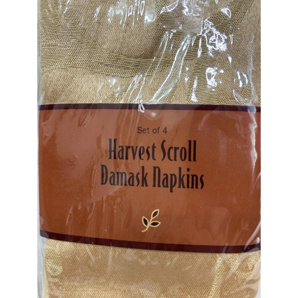 Vintage Harvest Scroll Damask Napkins Wheat 4-Pack 17x17 Cotton/Poly
